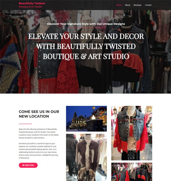 Frontpage of Beautifully Twisted Boutique and Art Studio website.